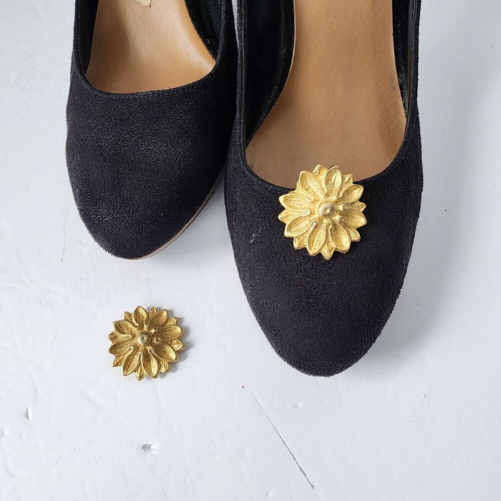 Bluette Vintage Flower Shoe Clips Gold Plated Signed Made In France 1.25" Round